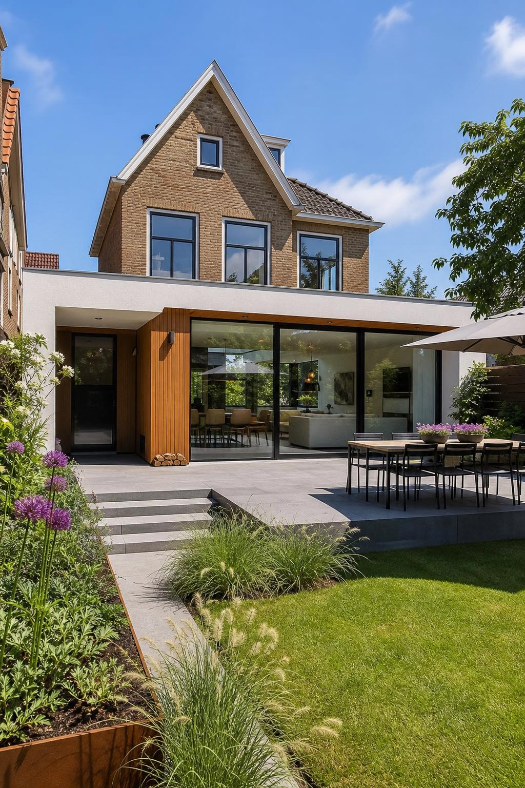 Moderne aanbouw met grote glaspui en houten gevelbekleding